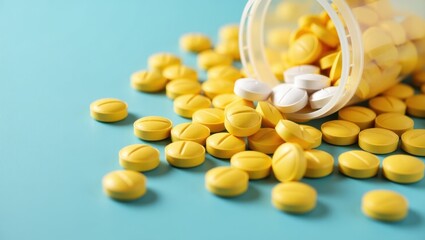 Calcium Supplement. Yellow round tablets scattered near transparent pi