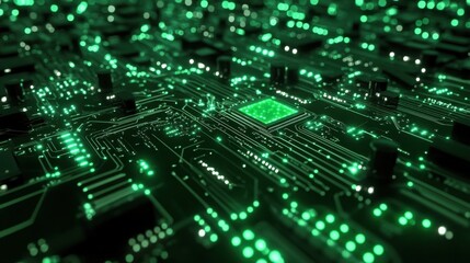 Obraz premium AI-inspired green technology network with interconnected glowing lines, representing digital data flow and advanced computing.