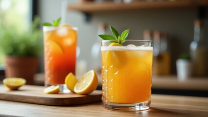 Cbd Drinks. Bright orange cocktail glass with mint garnish on wooden t