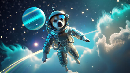 Naklejka premium A mesmerizing, hyper-realistic visual representation of astronaut Dog, suspended in mid-air, surrounded by a majestic, gas-giant planet with iridescent, created by generative ai