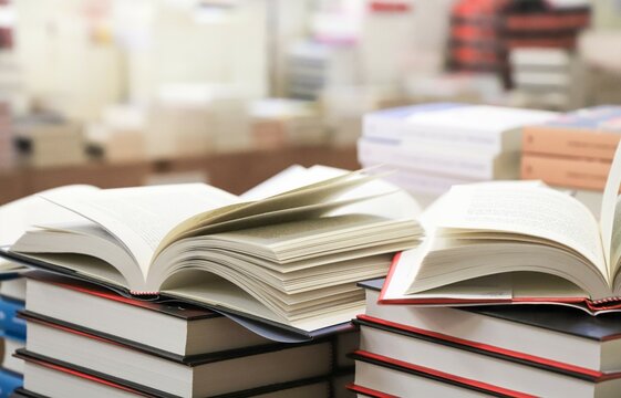 stack of books on the table. open book