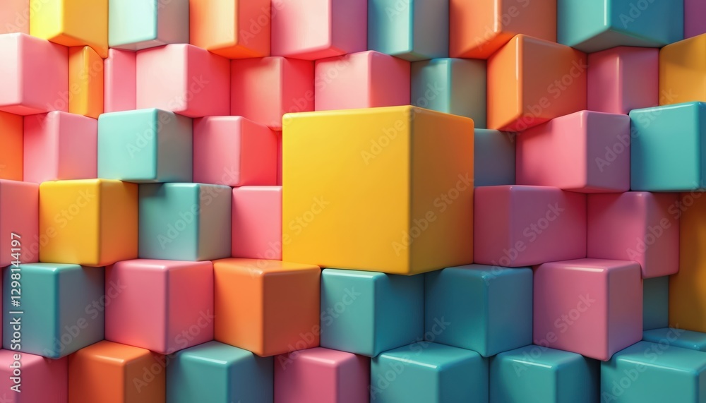 Leinwandbilder colorful wall of cubes with yellow, pink block in middle. abstract design with modern geometric shap