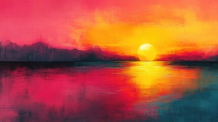Fototapeta premium Vibrant sunset over calm ocean, mountains in background; ideal for relaxation themes