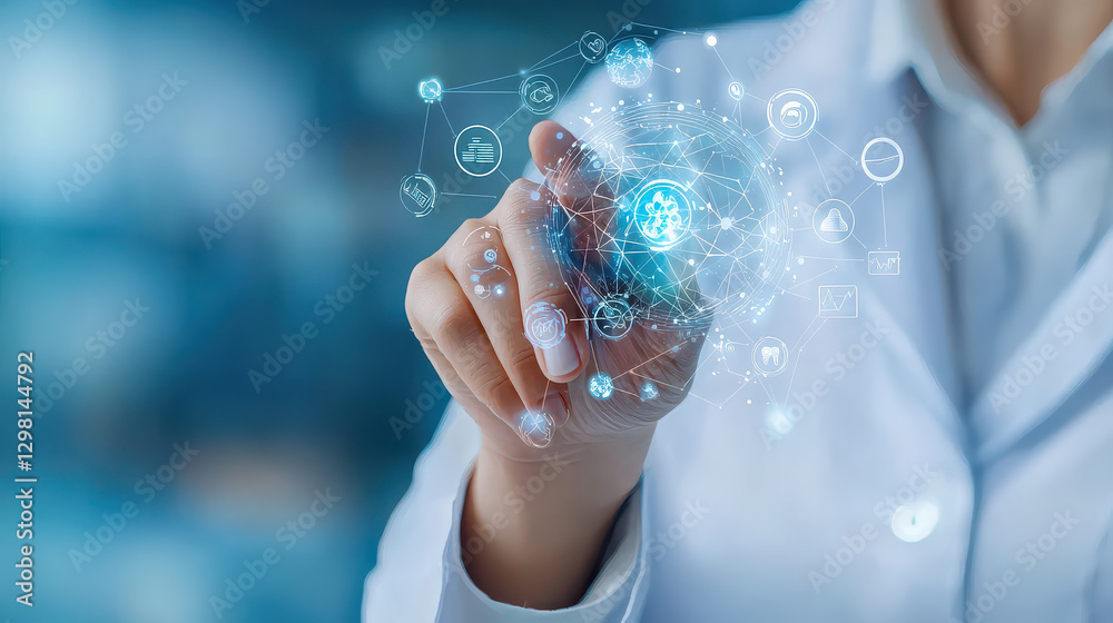 Leinwandbilder person in lab coat interacts with digital interface displaying holographic brain, symbolizing advanc