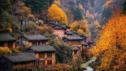 Fototapeta premium Autumnal Village nestled in the Mountains