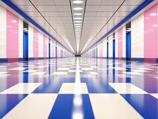 Fototapeta premium Futuristic hallway with symmetrical blue and white checkered flooring illuminated by vibrant neon lighting creating a sleek modern and sci fi inspired architectural design