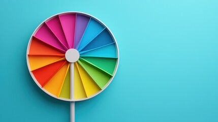 Fototapeta premium Colorful wheel design with vibrant segments against a blue background, ideal for creative projects and graphics.