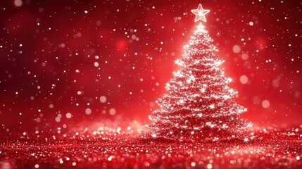 Close-up of a red, glittery Christmas tree adorned with tiny, scattered white stars against a rich red backdrop