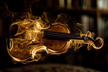 A violin crafted from golden smoke and fire, symbolizing the passion of music.