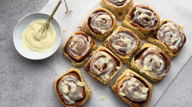 Delicious cinnamon rolls with cream cheese frosting and almond flakes