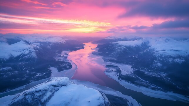Snowy Mountain Sunrise River Valley