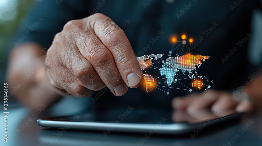 Leinwandbilder hand interacts with digital world map on tablet, symbolizing global connectivity and futuristic busi