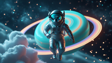 Naklejka premium A mesmerizing, hyper-realistic visual representation of astronaut Dog, suspended in mid-air, surrounded by a majestic, gas-giant planet with iridescent, created by generative ai