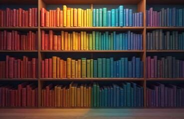 Shelves with colorful rainbow-sorted books. Multicolored book spines. Vintage used books collection. Home library, bookshelf, design. Book store interior decor. Literature concept. Education,