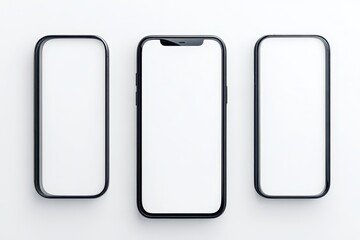 Three smartphones lying flat on a white surface showcasing blank screens in a minimalist arrangement