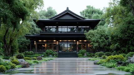 Fototapeta premium Traditional Japanese wooden pavilion stands surrounded by lush green gardens on a wet, rainy day.