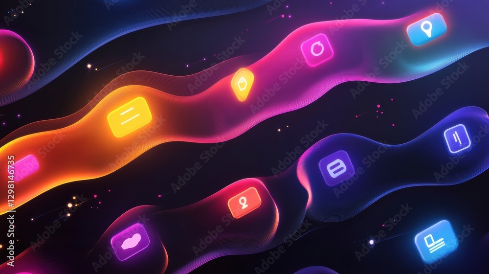 Fototapete Colorful digital icons flowing through a dynamic background of lights and shapes in a captivating abstract design. Generative AI