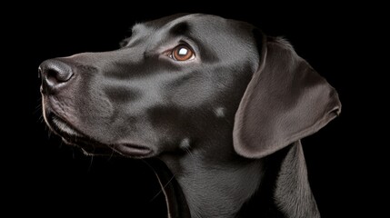 Black Labrador Retriever with glossy fur captured in dramatic lighting against a dark background emphasizing its intelligent expression and sleek look