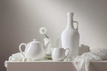 White still life with white dishes on a white background