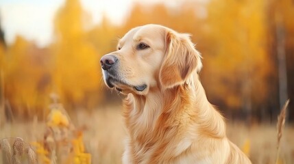 Golden Retriever standing in an autumn forest with colorful leaves in the background creating a vibrant seasonal pet portrait