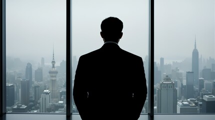 Fototapeta premium Silhouette of a businessman looking at the city from an office window