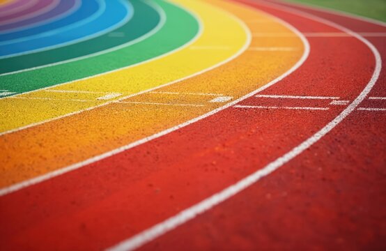 Rainbow colored running track with curve lines. Sport field with lane texture. Symbolizes diversity, inclusion, pride. LGBTQ concept. Exercise surface for competition and run training.