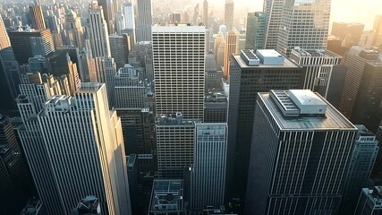 Skyscrapers casting shadows over a bustling city scene