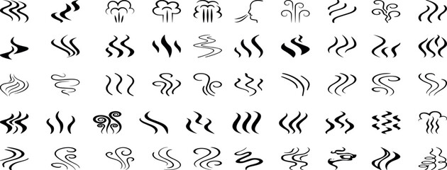Smoke steam icon vector logo set. Smoke smell, steam aroma heat icon illustration. Hot vapor fire doodle line logo. Hit stink, coffee, fragrance flame elements.