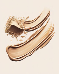A dynamic composition features a mound of loose powder beside a smooth, sweeping stroke of liquid foundation in warm beige against a soft, neutral background, highlighting texture