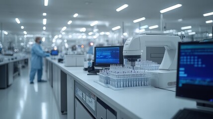 Modern scientific laboratory interior with automated machinery, test tubes, and a scientist in the background.  Ideal for themes of research, technology, and medical advancements.