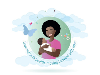 Illustration of an Afro-descendant mother smiling while embracing her baby in an atmosphere of hope and health, featuring clouds and butterflies.