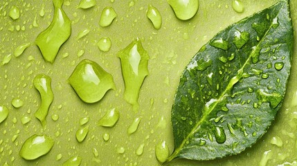 Green leaf, water droplets, nature background