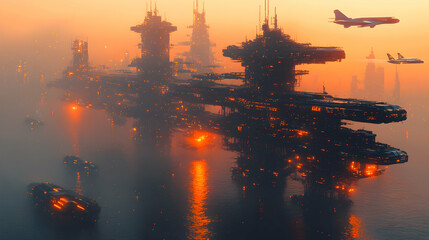 Futuristic City-Ship at Sunset, Aerial View