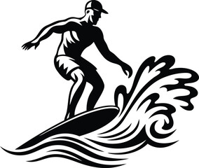Person surfer riding a wave isolated vector art, Person surfer riding a wave silhouette and line art vector illustration