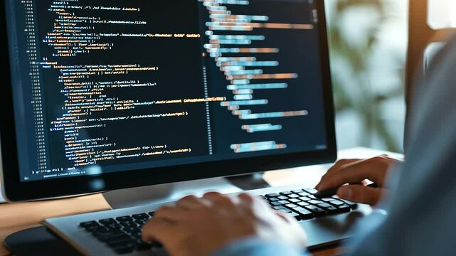 Teacher and student coding together at a desk with colorful algorithms