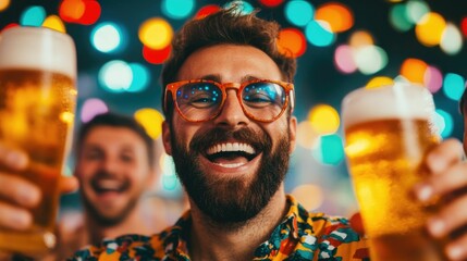 Diverse group of friends cheering and raising beer mugs in a lively celebratory party scene under a backdrop of vibrant colorful lights capturing the joyful festive mood of the gathering