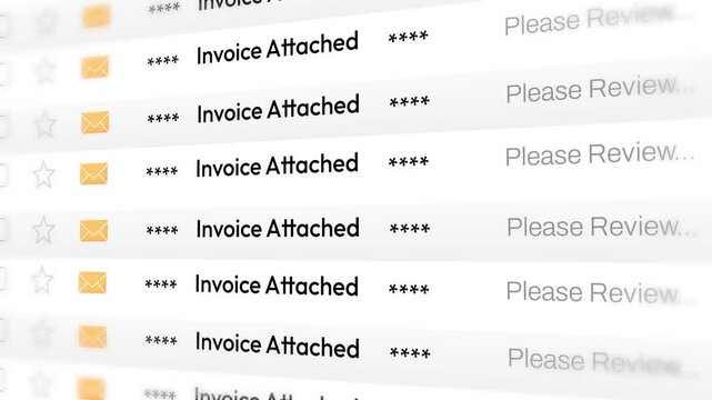 Invoice Attached email notification scrolling list 4k animation. Business, money, invoice, receipt, online invoice attachment, electronic mail