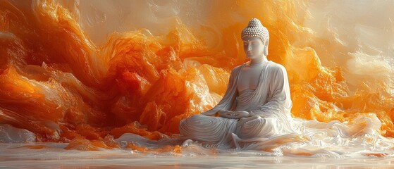 Serene Buddha Statue in Abstract Orange Landscape