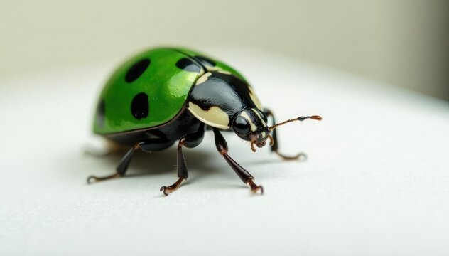Cassida circumdata ladybug rests on a white surface, green, Cassida circumdata