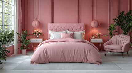 Serene Bedroom Interior: A beautifully decorated bedroom exudes tranquility, featuring a pastel pink color scheme, cozy furnishings, and a touch of nature with plants and flowers.