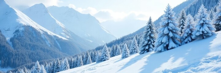 Fototapeta premium Dense forest of small white Christmas trees on a snowy mountain slope, mountainous terrain, winter wonderland, coniferous trees