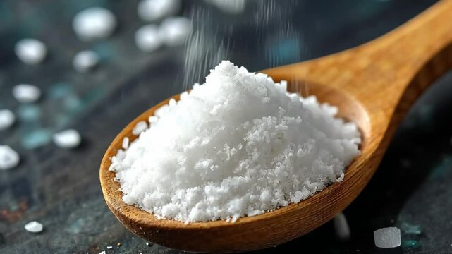 Spoonful of salt is shown on a table. The spoon is wooden and the salt is white