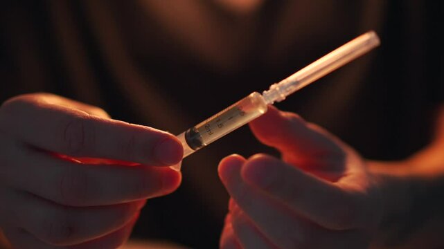 A man with a syringe in his hands in a dark room.
Drug addicted man with a syringe in his hands.
Drugs in a syringe.
Syringe with a needle close-up.
Drugs, syringe, heroin, drug addict