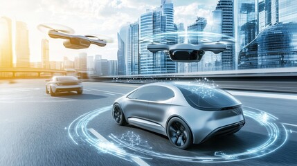 Autonomous vehicles flying drones city street