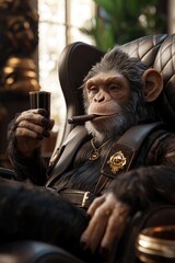 Obraz premium Chimpanzee in Leather Chair Smoking Cigar