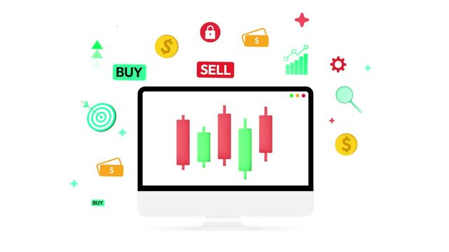 Online trading concept 4k animation on the computer screen, candles, graph, analytics, finance, money. Forex, digital trading design background