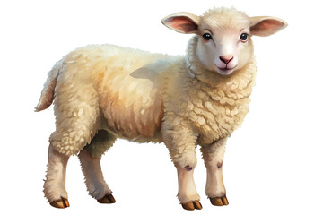 Fototapeta premium Realistic Illustration of a Young White Lamb - Detailed digital illustration of a fluffy white lamb standing in profile, symbolizing farm life, wool production, and pastoral countryside scenes. 