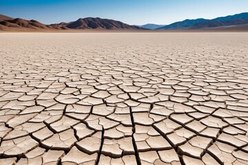 arafed desert landscape with dry, cracked ground and mountains in the background