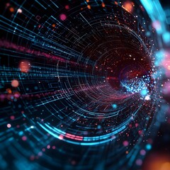 Quantum Network Security Tunnel Visualization of Digital Data and Particle Connections