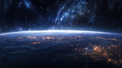 Beautiful Earth horizon from outer space, city lights forming intricate patterns on dark continents